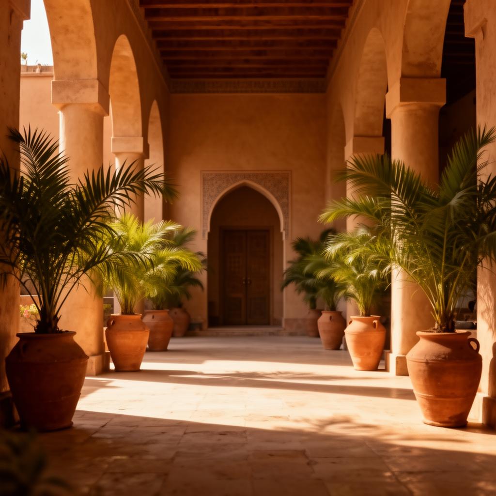 Sunlit colonnaded courtyard with palms