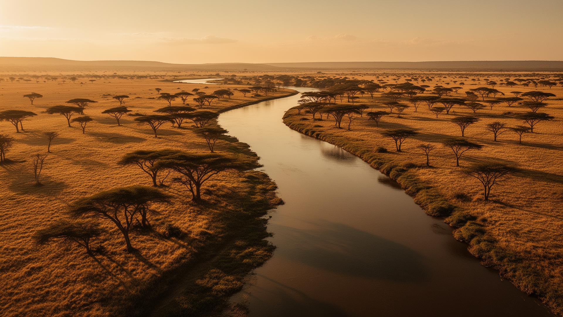Aerial view of a river winding through savanna at golden hour